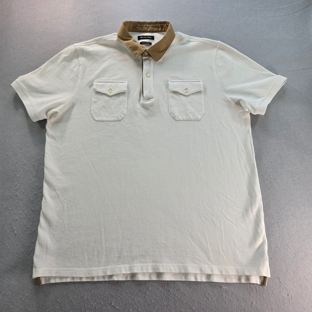 Massimo Dutti Men XL Cream Pique Polo Tan Contrast Collar Double Pocket EUC